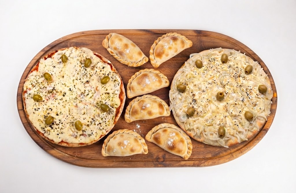 Pizza grande de fugazzetta + Pizza grande Muzzarella + 6 Empanadas